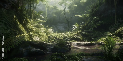Mysterious impenetrable jungle overgrown with exotic plants. Background. A beautiful path through the impenetrable jungle. Tropical paradise. Generative AI