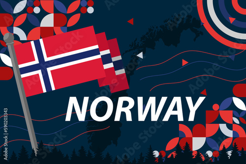 Norway national day banner design. Norwegian flag and map vector illustration.