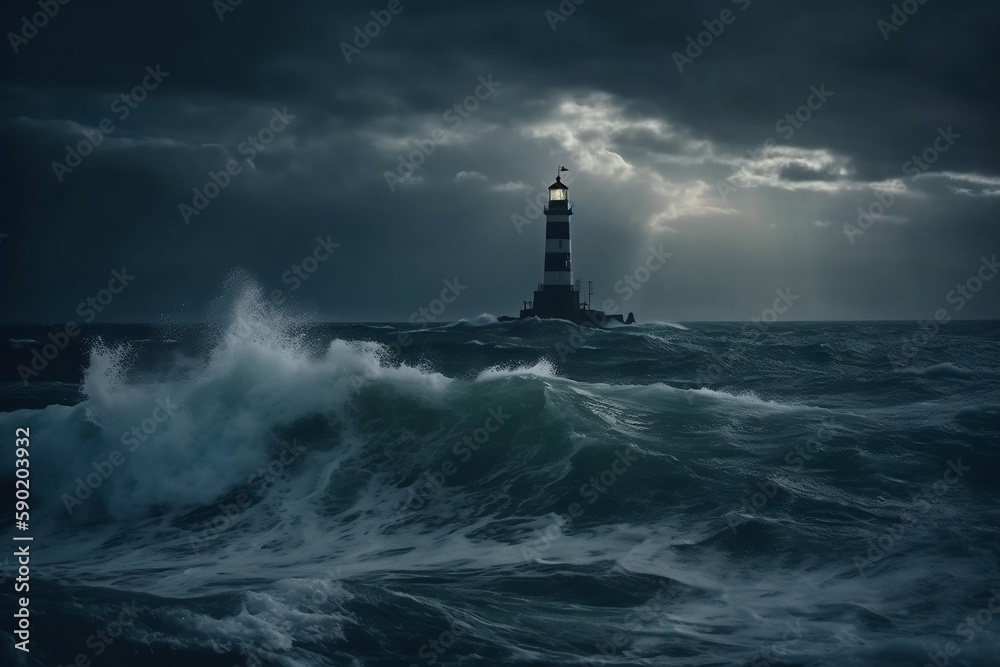 Lighthouse Shines Brightly In The Dark In A Raging Sea, A Storm, Made Using Generative Ai