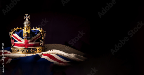 Fototapeta A British royal crown on the background of the flag of the United Kingdom of Great Britain and Northern Ireland, generative AI