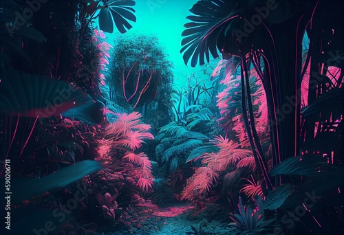 Tropical jungle with neon lighting, inspired by vaporwave culture. Generative AI photo