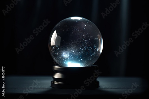 Crystal ball illustration with galaxies and stars inside, dark background. Generative AI