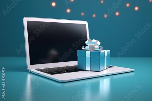 Gift box and laptop illustration  online shopping concept  blue background. Generative AI