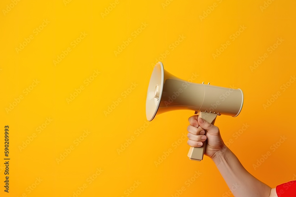 Illustration of hand holding megaphone, marketing and sales concept, yellow background. Generative AI