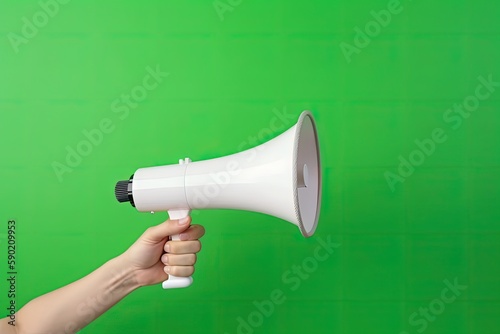 Illustration of hand holding megaphone, marketing and sales concept, green background. Generative AI