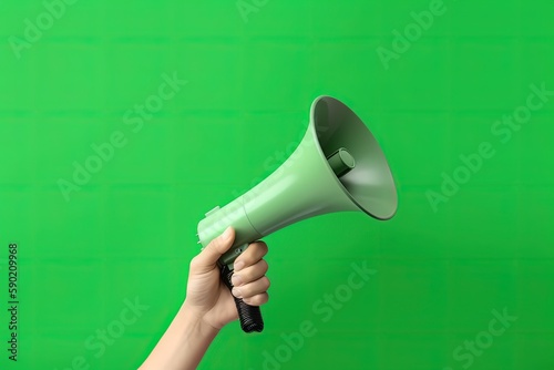 Illustration of hand holding megaphone, marketing and sales concept, green background. Generative AI © Deivison