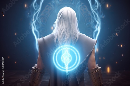 Magician illustration with long white hair from the back  blue luminous energy  fantasy concept. Generative AI