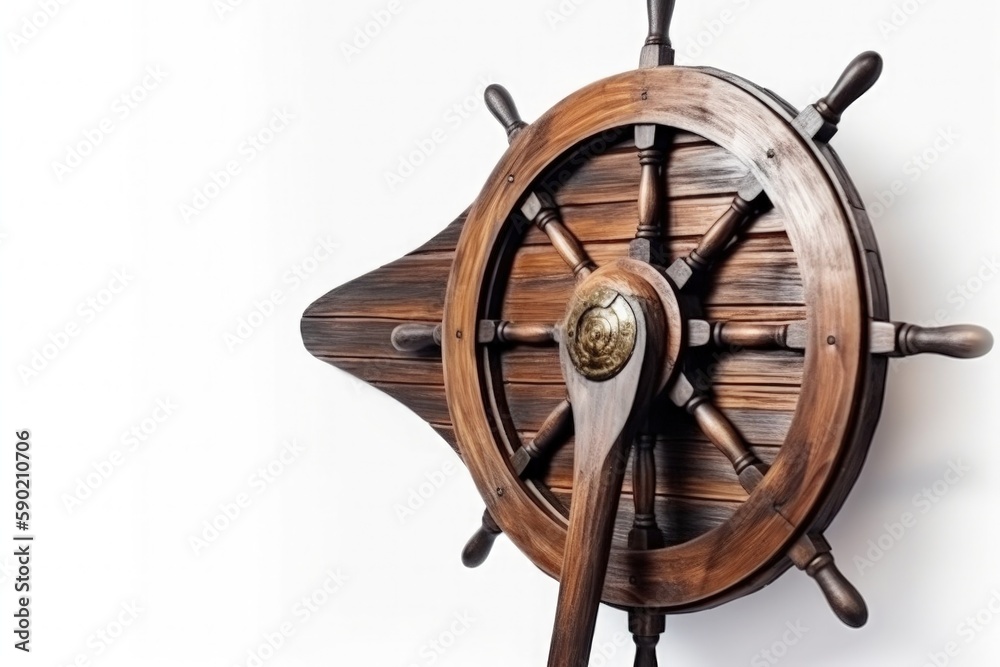 Pirate ship wooden helm illustration, white background. Generative AI