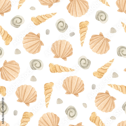 Watercolor beige shells seamless pattern