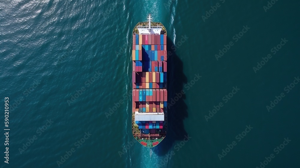 loaded container ship speeding through the blue ocean. Generative AI.