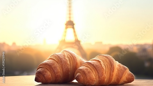 croissants in the background the Eiffel Tower. Generative AI.