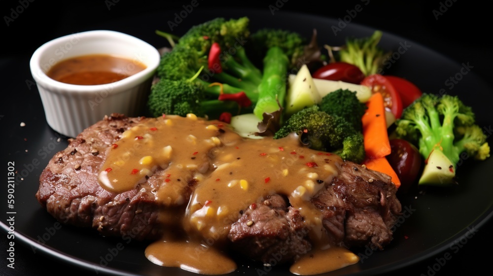 fried juicy steak with vegetables and sauce. Generative AI.