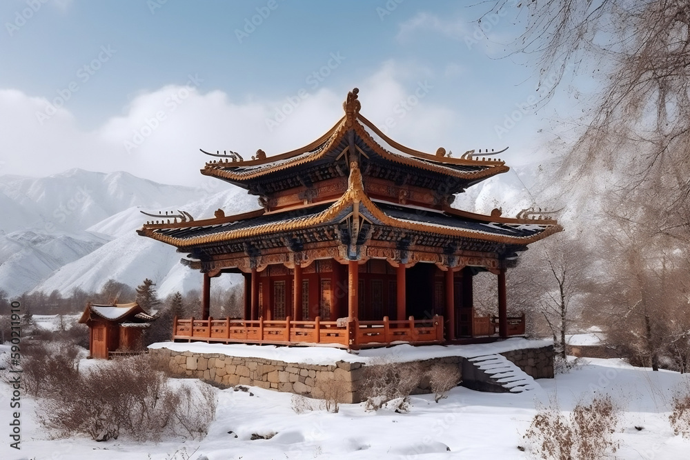 Buddhist Old Temple At Winter Landscape And Snowy Mountains At Background, Made Using Generative Ai