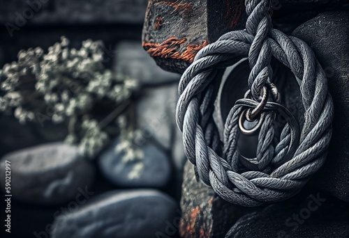 Fototapete Grey stone background, hanging rope & wedding rings