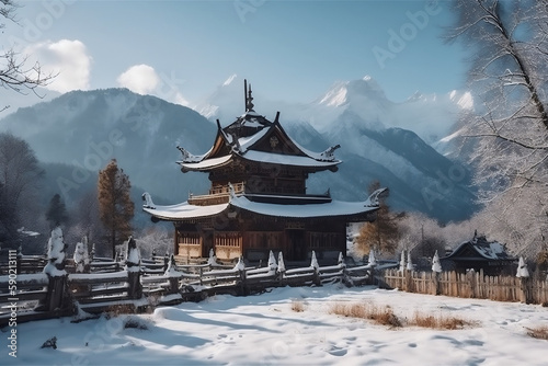 Buddhist Old Temple At Winter Landscape And Snowy Mountains At Background, Made Using Generative Ai