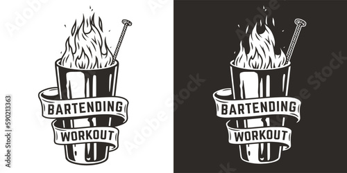 Bartender glass with fire and ribbon or cocktail shaker for bartending. Chromed bar glass with flame or boston shaker for barman of cocktail bar.