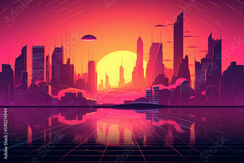 Synth Wave Retro City Landscape Background At Sunset  Made Using Generative Ai