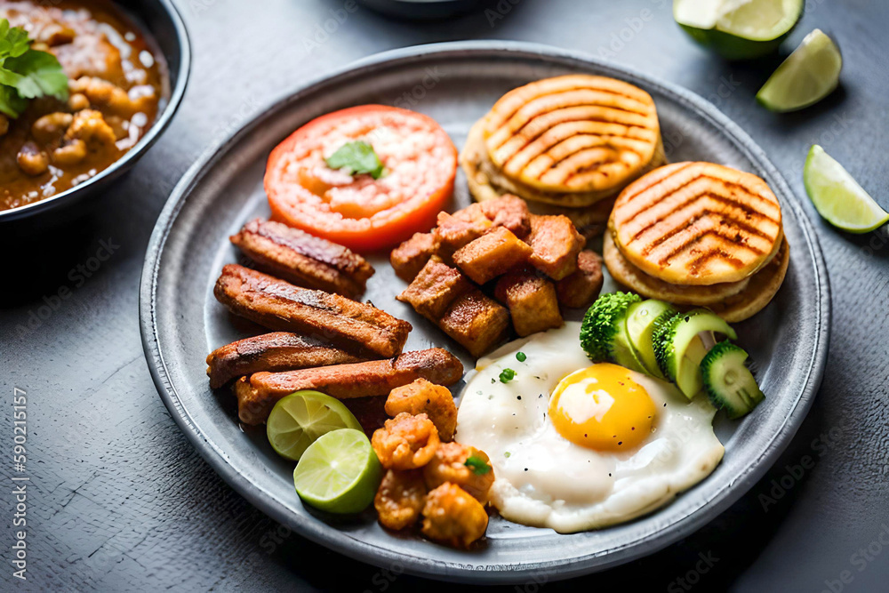 Colombian food Bandeja Paisa - a hearty dish with rice, beans, beef, chicharron (pork belly), plantain, avocado, and a fried egg. created with generative ai technology Colombian food Bandeja Paisa - a hearty dish with rice, beans, beef, chicharron (pork belly), plantain, avocado, and a fried egg. created with generative ai technology