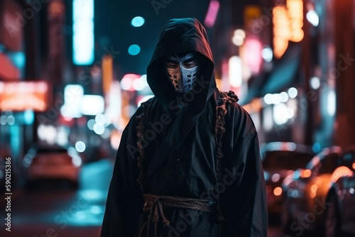 Standing Dark Samurai On The Street With Blurred Neon Lights At Night On Background, Made Using Generative Ai