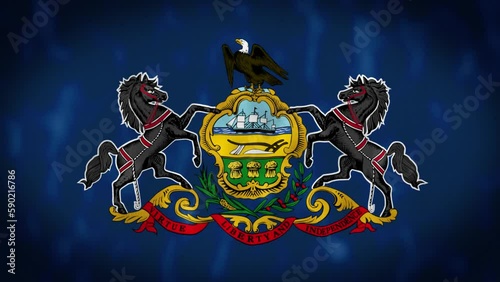 Close-up of the Pennsylvania state flag waving in the wind. Blue flag with Pennsylvania coat of arms in the center. 3d render animation. Slow motion loop. Close-up. Textured fabric background photo