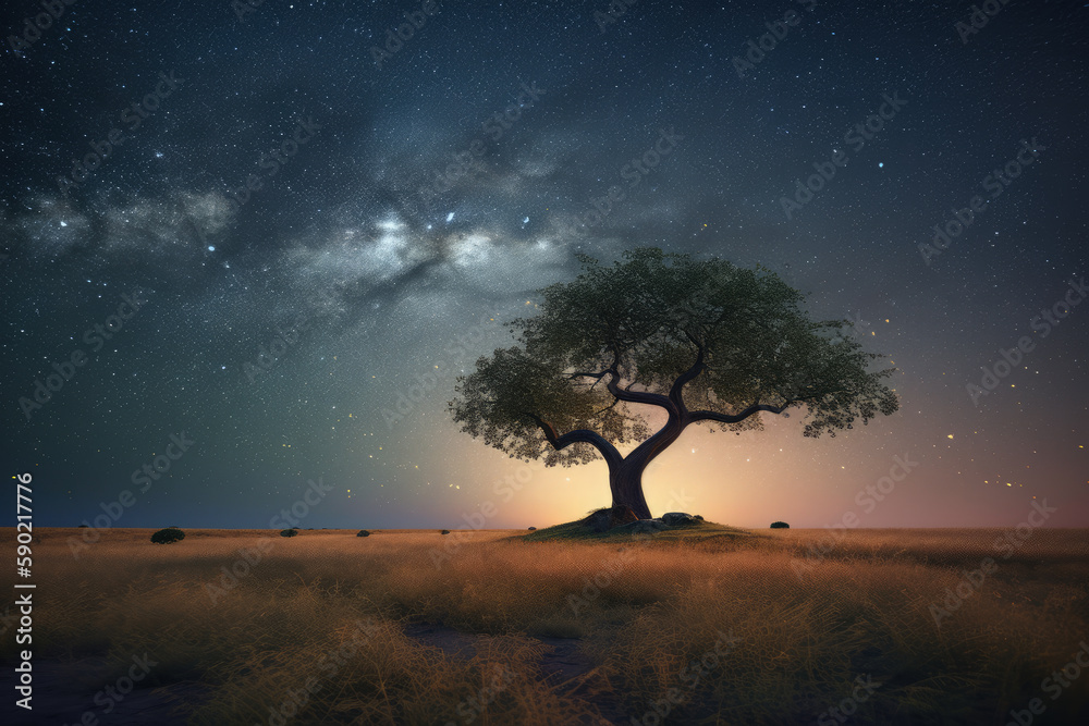 landscape of a lone tree against the backdrop of a starry sky. AI