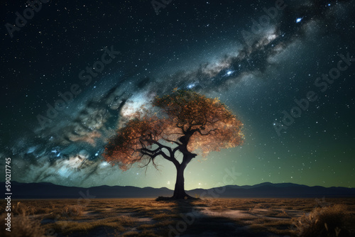 landscape of a lone tree against the backdrop of a starry sky. AI