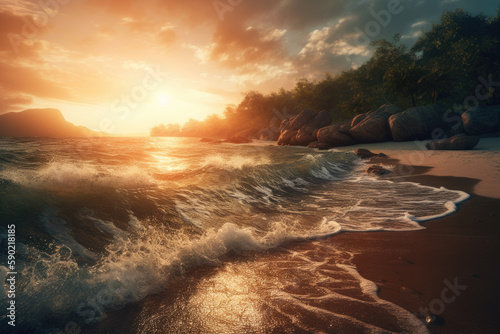 sea landscape with tropical beach sunset  Generative Ai