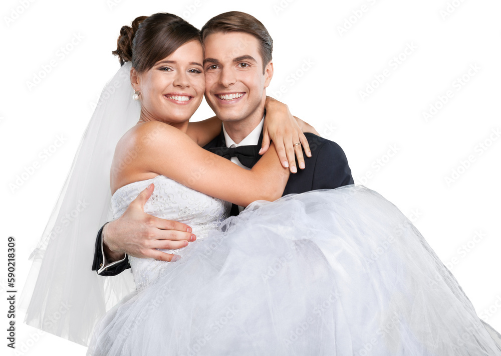 Groom holding bride on white background