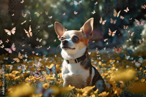 Generative AI image of a chihuahua puppy surrounded by butterflies