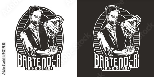 Barman with shaker and martini for bartending. Barkeepr or bartender with beard and mustache for cocktail bar.