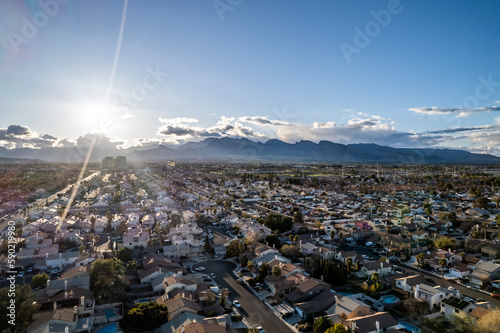 Districts of Las Vegas from drone during sunny day. Aerial view of fabulous Las Vegas, neighborhoods on the outskirts city.