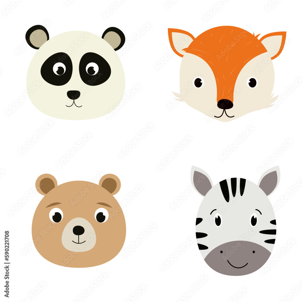 Fototapeta premium Collection of cartoon animal faces isolated on the white background.