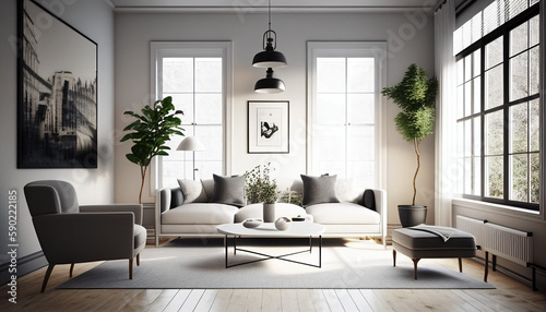 Elegant and comfortable Modern Livingroom with a neutral color palette, Paintings, interior design, sofa, wood furniture, 3D Rendered, AI Generative © Image Innovate
