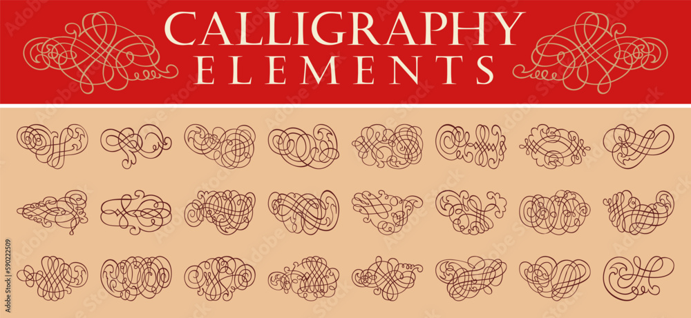 Huge calligraphy elements. Vector Victorian Ornament Set. Set of hand drawn swirls. Romantic design element for wedding cards.