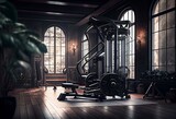 Fully equipped fitness room interior with bodybuilding machines. Generative AI
