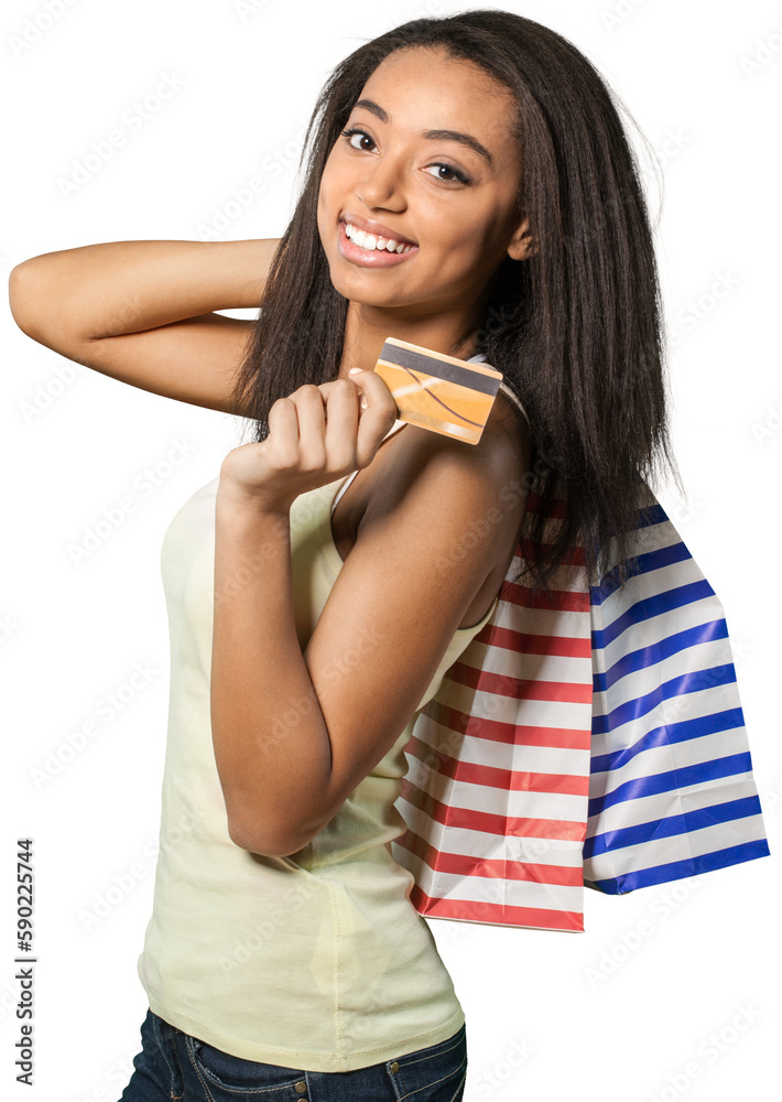 Friendly Young Woman Holding Gold Card and Shopping Bags - Isolated Friendly Young Woman Holding Gold Card and Shopping Bags - Isolated