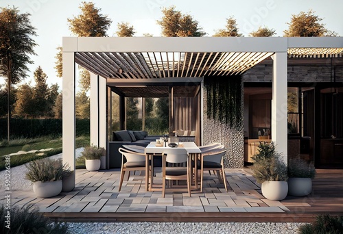 Stampa su tela Outdoor terrace with contemporary pergola created as a 3D rendering