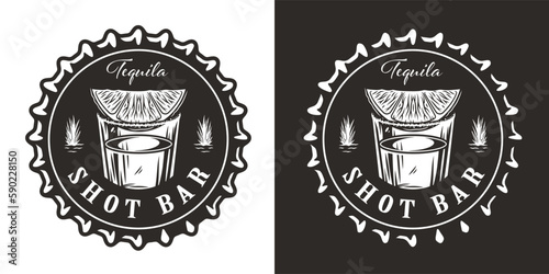 Shot tequila with lime, salt and agave for cocktail bar. Vector design with beer cap and mexican tequila for alcohol pab