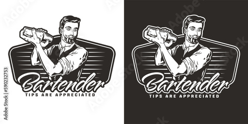 Bartender with shaker for bartending. Barman with beard and mustache for cocktail bar