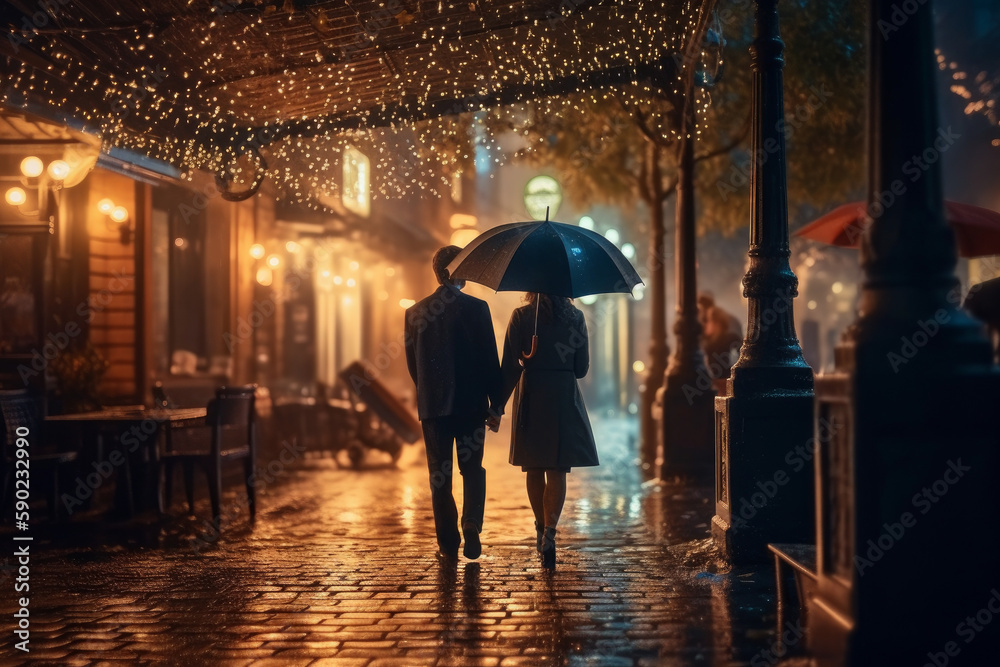 Couple walking on the sidewalk at night
