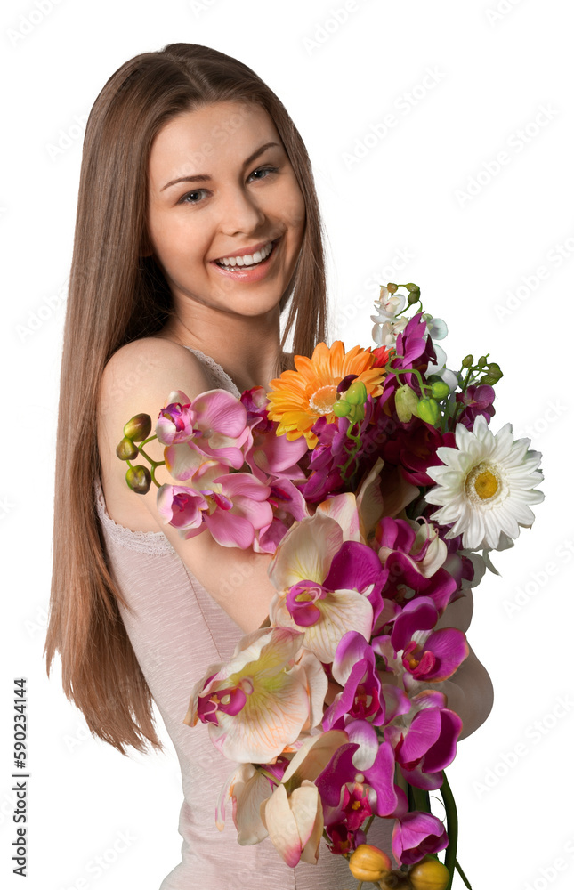 Portrait of beautiful young girl with bouquet of flowers on a white background