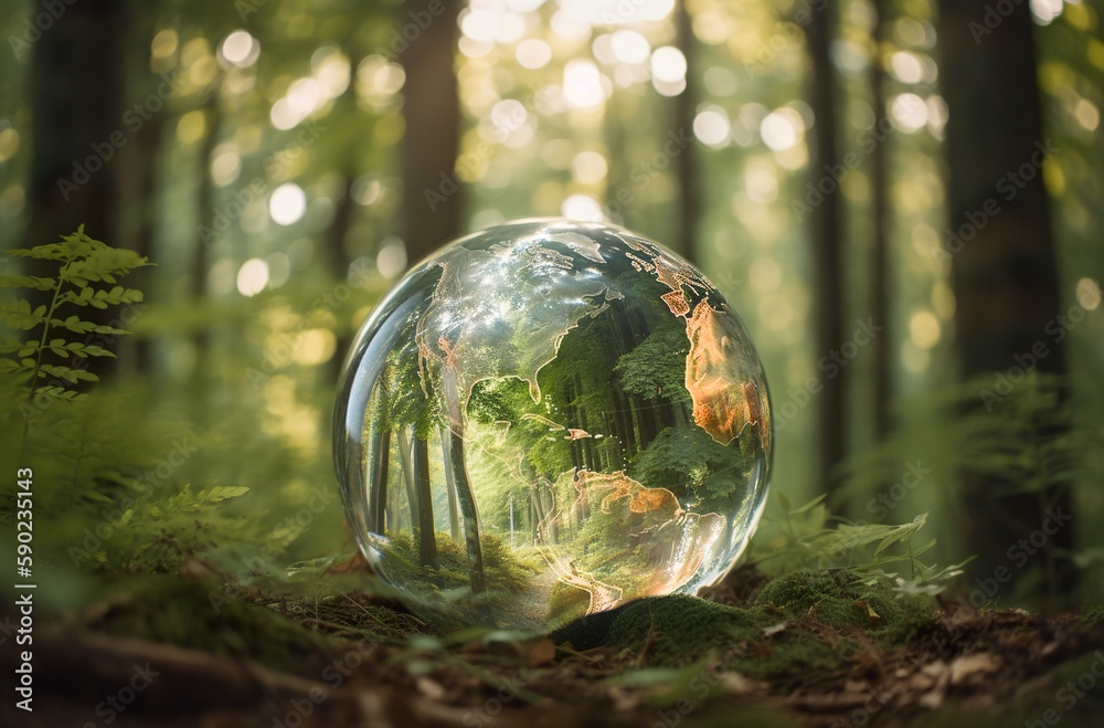Earth Day April 22, glass ball with planet Earth map, beautiful reflections and magnified distorted leaves and trees in forest, AI generative image Earth Day April 22, glass ball with planet Earth map, beautiful reflections and magnified distorted leaves and trees in forest, AI generative image