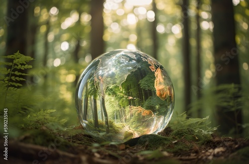 Earth Day April 22, glass ball with planet Earth map, beautiful reflections and magnified distorted leaves and trees in forest, AI generative image