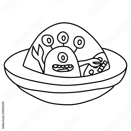 Friendly cartoon alien in spaceship or ufo, doodle style flat vector outline for coloring book