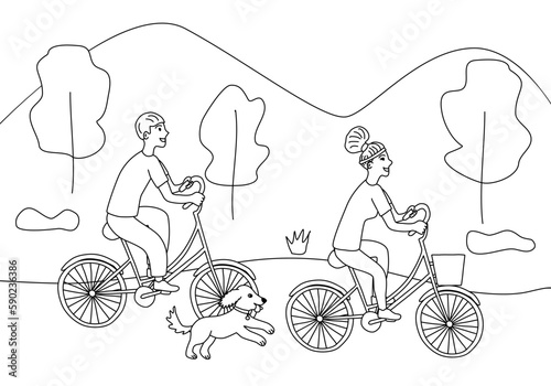 Man and woman traveling on bike in park with a dog, doodle style vector outline for coloring book