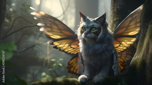 A cute little happy cat flying on its wings. Winged cat, cat with owl wing on fantasy forest © Witri