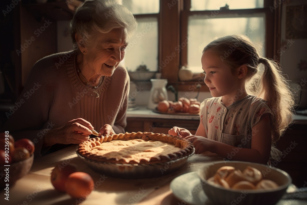 Grandparents and Young Family Sharing an Apple Pie, happy family reunion, AI Generative Grandparents and Young Family Sharing an Apple Pie, happy family reunion, AI Generative