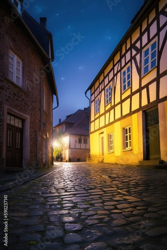 Historic German town at night with stars shining on cobbled street and half timbered ancient houses, AI generative realistic illustration