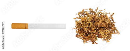 Empty cigarette tube with yellow filter and handful of dried crushed tobacco leaf for homemade sleeve stuffing isolated on white background top view