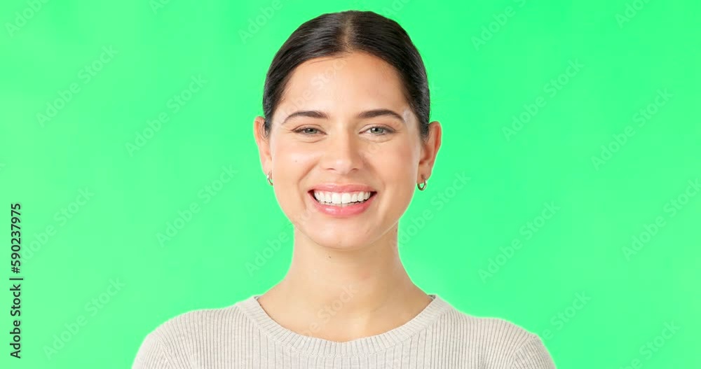 Happy, woman and winking face on green screen, studio and color background. Portrait, female model and smile for wink, secret and cool girl in fun mood, personality and happiness for flirting emoji Happy, woman and winking face on green screen, studio and color background. Portrait, female model and smile for wink, secret and cool girl in fun mood, personality and happiness for flirting emoji